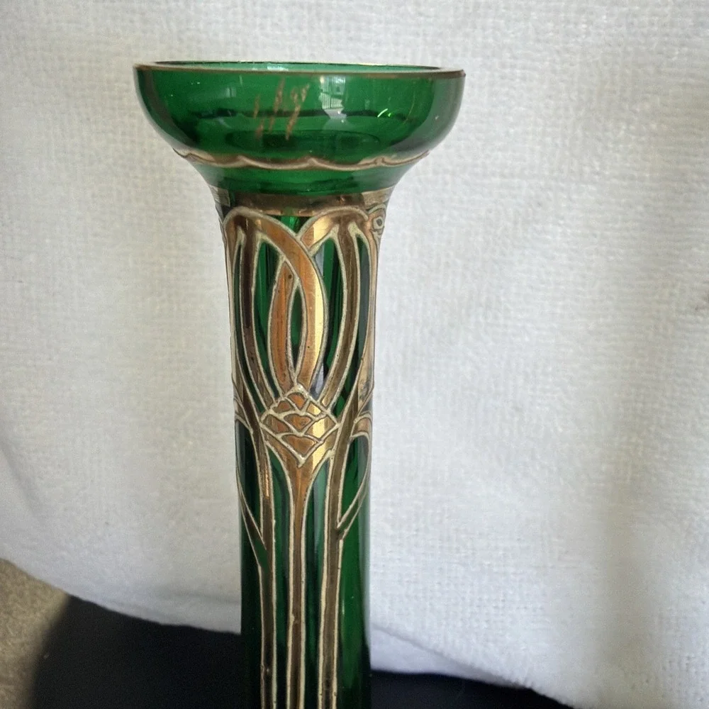 Vtg Art Nouveau Jugendstil Gold Gilded Green Satin Glass Vases 2 Ea Circa 1900s‎